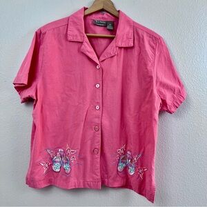 Jane Ashley Coral Embroidered Inlay Camp Shirt Short Sleeve X-Large Flip flops